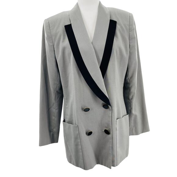 Oleg Cassini Gray Tuxedo Double Breasted Notched Black Trim Blazer Women Sz 12 - Picture 3 of 14